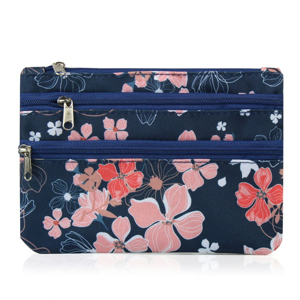double zipper pouch wristlet handbag 2 pocket wallet zipper bag Navy Floral gift for mom ID holder